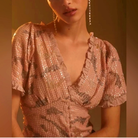 NWOT Anthropologie Forever That Girl Sequined V-Neck Blouse Neutral Pink - Picture 4 of 10